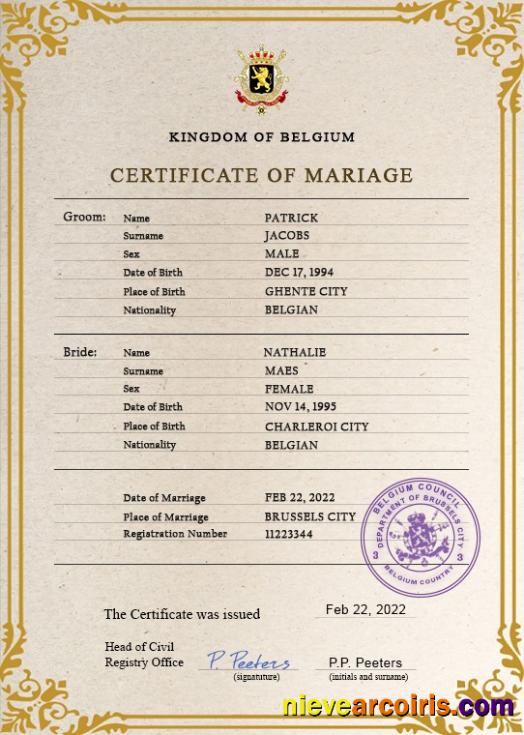 Belgium marriage certificate